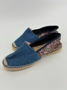 Denim and Multicolor Glitter Espadrilles Flats - Women's